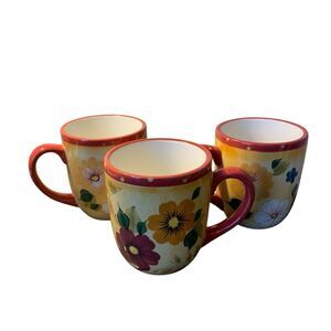 Oneida Kitchen “Sunset Bouquet” Set Of 3 Mugs 10oz Hand Painted Polka Dot Flower